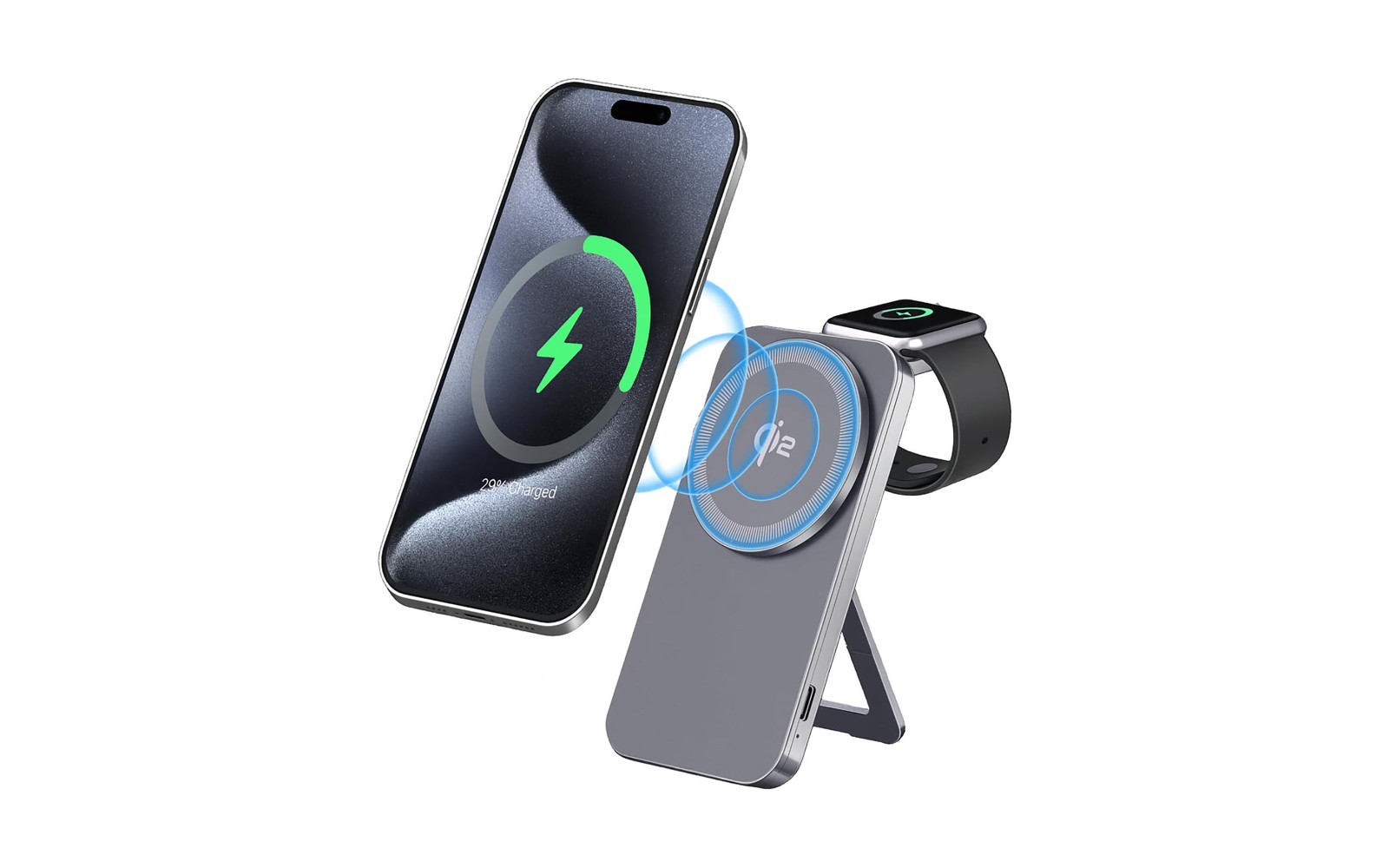 Qi2 正規認証品 2in1 ワイヤレス充電器 15W 折りたたみスタンド メタリックグレー